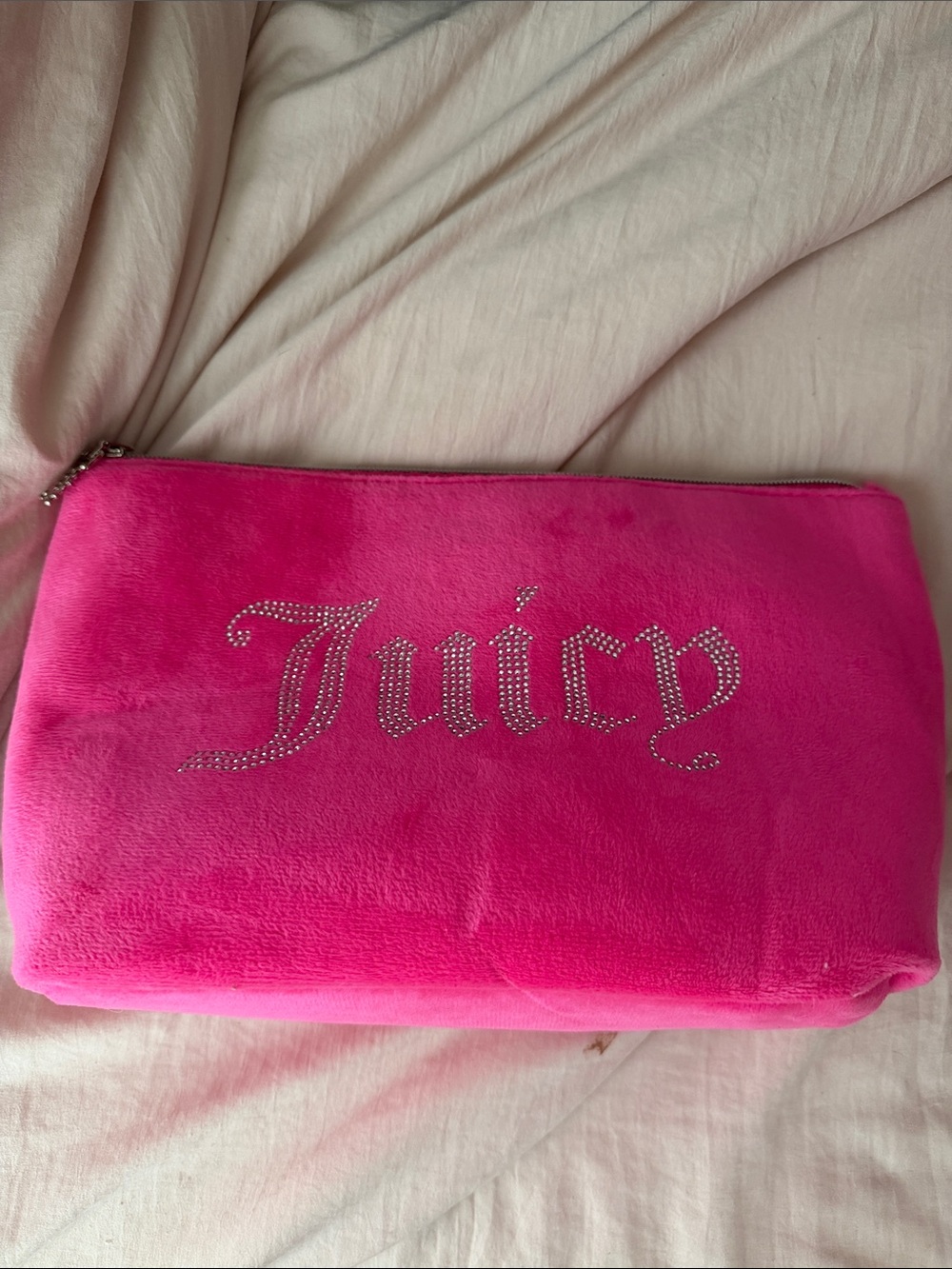 Juicy Couture Bright Hot Pink Plush Cosmetic Pouch with Crystal Logo